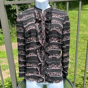 Worthington Black Striped Floral & Birds Long Sleeve Blouse w/ Ruffles Size L